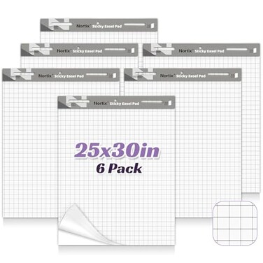 Nortix Sticky Easel Pad, 25x30 Inches Large Self Stick Grid Flip Chart Paper, Upgraded Versatile Sticky Easel Pad with Dry Erase Surface for Meeting/Training/Doodling, 30 Sheets/Pads, 6 Pads
