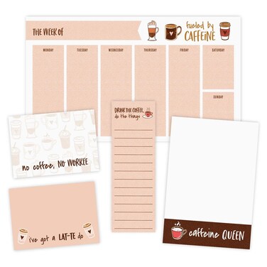 Coffee Lover Themed Sticky Note Ensemble Set/Trendy Repositionable Blush Notepad Desk Set / 5 Snarky Caffeine Designs in Various Sizes/Made in USA