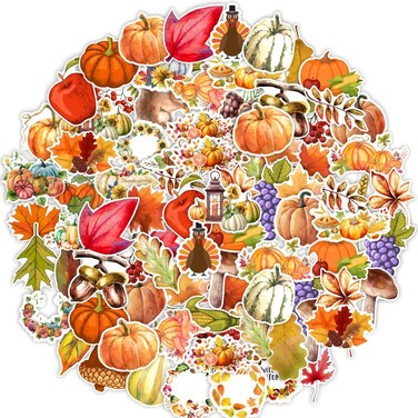 Fall Leaf Pumpkin Stickers 50Pcs Thanksgiving Autumn Maple Leaves Decal Stickers, Waterproof Vinyl Stickers for Water Bottles Laptop Cup Computer Harvest Autumn Decals Party Supplies Classroom Decor