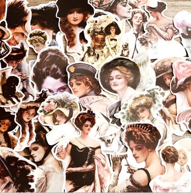 Vintage Women Stickers Waterproof Handbook DIY Craft Photo Album Scrapbook Journal Planner Motorcycle Car Laptop Luggage Water Bottle Paper Stickers