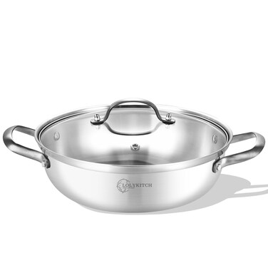 LOLYKITCH 14 Inch Tri-Ply Stainless Steel Saut&Atilde;&copy; Pan with Lid,Everyday Pan,Kadhai,Large Skillet,Jumbo Cooker,Induction Deep Frying Pan,Dishwasher and Oven Safe.(13-3/4 Inch 7 Quarts)