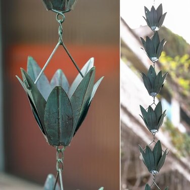 Retrome Rain Chains - 8.5 FT Rain Chains for Gutters Downspouts - Outside Leafy Flowers Cups Rain Chain - Antique Blue