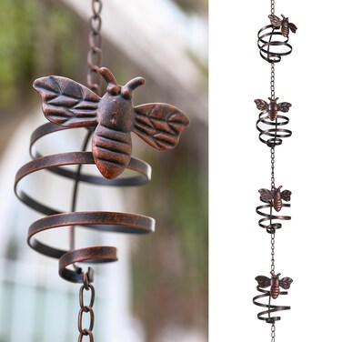Retrome Iron Rain Chains with Bee Spiral, 8-1/2 Feet Length Replacement Downspout for Gutters Outsides, Dark Bronze