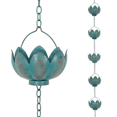 DUSVALLY Rain Chains, 8.5 FT Blue Lotus Shaped Rain Chain for Gutter Downspouts Eave Outdoor Garden