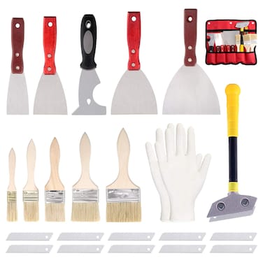 Swpeet 24Pcs 2/3/4/5 Inch Stainless Steel Putty Knife Scraper with Paint Brushes Set, 9 in 1 Tool Caulk Removal Tool Spatula Paint Remover, Metal Scraper Tool with 10 Blades Set with Storage Bag