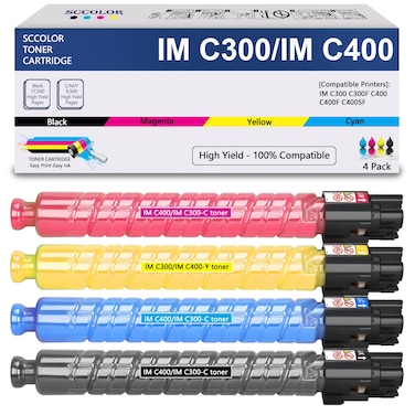 SCCOLOR IM C300 IMC300 IM C400 IMC400 Toner Cartridge 842378 842379 842380 842381 High Yield Black Cyan Yellow Magenta Replacement for Ricoh IM C400 IM C400F IM C400SRF IM C300F IM C300SRF Printer