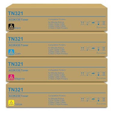 Junnchee TN-321 TN321 Toner Cartridge Replacement for Konica Minolta TN321K TN321C TN321M TN321Y Toner Cartridge for Bizhub C224e C364e C284e C224 C284 C364 Printer (Black Cyan Magenta Yellow)