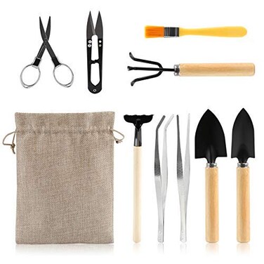 9 Piece Basic Bonsai Tools Set, Includes Pruning Shears, Mini Rake, Fold Scissors and More