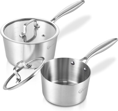 LOLYKITCH Whole Body Tri-Ply Stainless Steel Saucepan Set of 2,1QT &amp; 3QT,Induction Pots,Saucepans with Lids,Oven and Dishwasher Safe.