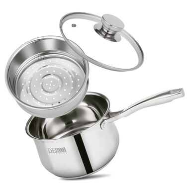 DERUI CREATION Stainless Steel Saucepan 16cm   1.5 Quart with Steamer Basket and Glass Lid Milk Pan Steamer Pot Soup Pot Small Pot Induction Safe