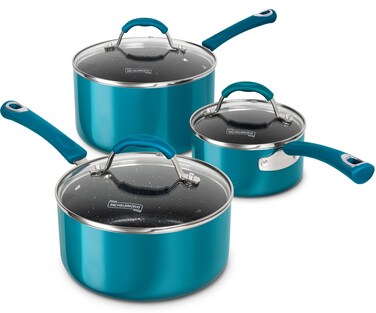 MICHELANGELO Sauce Pan Sets, Enamel Sauce Pan with Lid, 1Qt &amp; 2Qt &amp; 3Qt Saucepans with Lids, Nonstick Saucepan Set, Small Pot with Lid, Non Stick Sauce Pots with Silicone Handle, Oven Safe, Cyan