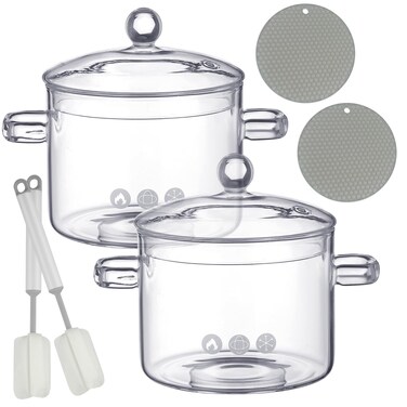 Tioncy 2 Pcs Clear Glass Pots for Cooking on Stove 1.3 L 44 oz Glass Saucepan with Lid Handle Simmer Pot Handmade Cookware Borosilicate Glass Cooking Pot with Brushes and Silicone Mats (Modern)