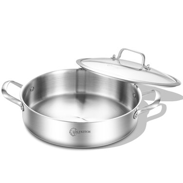 LOLYKITCH 12 Incn Tri-Ply Stainless Steel 6 QT Saut&Atilde;&copy; Pan with Lid,Deep Frying pan,Large Skillet,Jumbo Cooker,Induction Pan,Dishwasher and Oven Safe.