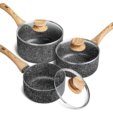 MICHELANGELO Saucepan Set with Lid,Nonstick Sauce Pan with Lid 1QT+2QT+3QT, Stone Saucepan Set, Small Pot with Lid, Granite Sauce pan 3 Piece, Sauce Pots, Black
