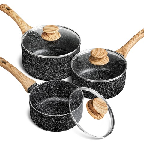 MICHELANGELO Saucepan Set with Lid,Nonstick Sauce Pan with Lid 1QT+2QT+3QT, Stone Saucepan Set, Small Pot with Lid, Granite Sauce pan 3 Piece, Sauce Pots, Black