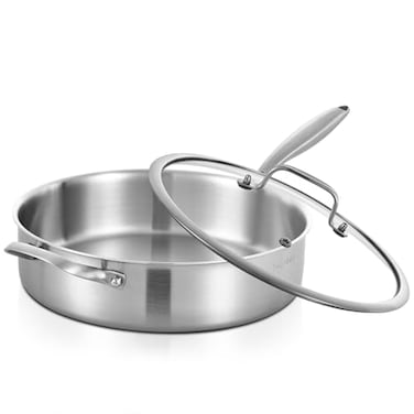 Inqibee 6 QT Tri-Ply Stainless Steel Saut&Atilde;&copy; Pan with Lid, 12 Inch Induction Deep Frying Pan, Large Skillet,Jumbo Cooker, Dishwasher and Oven Safe,Detachable Handle.