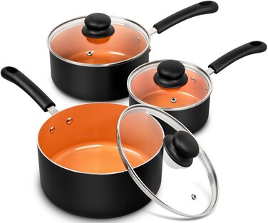 MICHELANGELO Nonstick Sauce Pan With Lid, 1QT&amp;2QT&amp;3QT Ceramic Saucepan, Copper Saucepans,PFAS-FREE Pot Set,Small Pots For Cooking,Multipurpose Cooking Pots Set For Home Kitchen,Dishwasher Safe
