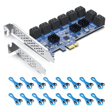 16 Port PCIe SATA Card, SATA3.0 Expansion Card, X1, with 16 SATA Cable, Support SSD and HDD