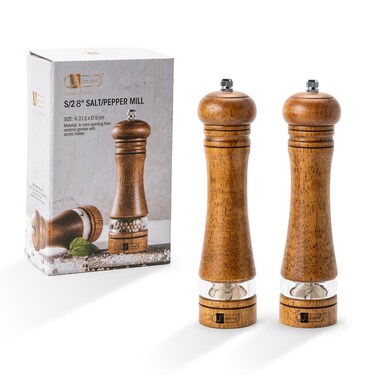 JF JAMES.F Wooden Salt and Pepper Grinder Set, 8 inch Rubber Wood Salt and Pepper Mills Set of 2 with Acrylic Visible Window &amp; Adjustable Ceramic Rotor