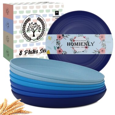 Homienly Salad Plates Dessert Plates Set of 8-10 inch Wheat Straw Plates Unbreakable Plates for Kitchen Reusable Plastic Plates Small Plates(Blue Series)