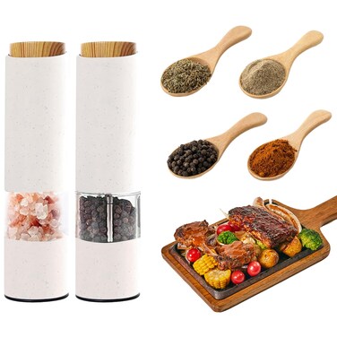 MEHIDFY Electric Salt and Pepper Grinder Set, 2 Pack Salt and Pepper Grinder Battery Operated, One-Handed Automatic Salt and Pepper Mill Grinder with LED Light, Adjustable Coarseness (White)
