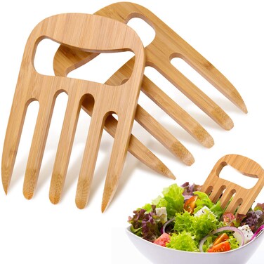 2 Pieces Bamboo Salad Hands, Salad Servers Bamboo Serving Hands Latest Gripper Design Salad Claws Set for Serving Salad, Pasta, Fruit on Your Kitchen Counter, 6 Inches (Wood Color)