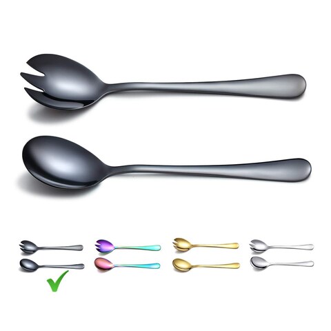 Black Salad Server Set, Berglander Stainless Steel Salad Serving Set With Titanium Black Plating, Salad Servers, Salad Spoon, Salad Fork, Pack of 2 (Shiny Black)