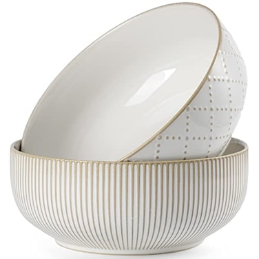 getstar Large Serving Bowls (8 inch &amp; 60 fl oz), Ceramic Salad Bowl Set of 2, Microwave and Dishwasher Safe, Farmhouse Kitchen Decorative Bowls Set (Embossed Checks &amp; Stripes)