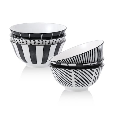 Cereal Bowl Porcelain Soup Bowls - Ceramic Bowl Set 23 oz - 6 Inch Japanese Bowls Black and White for Serving Salad   Ramen   Noodle   Pho   Oat   Oatmeal - Microwave and Dishwasher Safe - Set of 6