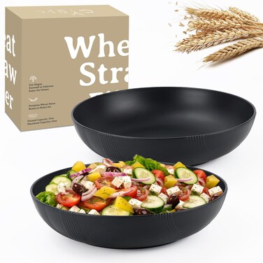 Wrova Large salad bowls,65oz Salad bowls set of 2,Unbreakable Plastic bowls Microwave &amp; Dishwasher Safe Bowls,Wheat Straw Serving Bowls for Salad, Cereal, Fruit, Dishwasher Safe.Black