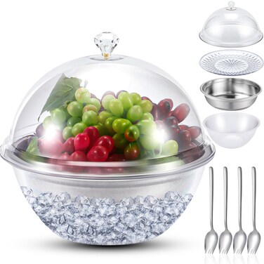 Yiyiring Iced Salad Bowl Large Chilled Serving Bowl 4 Tier Cold Serving Tray Serving Dishes with Lids Veggie Platter with 4 Spoons for Party Buffet to Keep Fruit Food Potato Pasta Cold(30 cm)