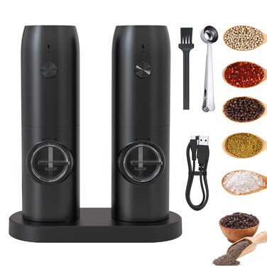 Rechargeable Electric Salt and Pepper Grinder Set, Automatic Salt and Pepper Grinder with LED Light, Salt Grinder Pepper Mill Adjustable Coarseness USB Type-C Cable One Handed Operation (Black 2 Pack)