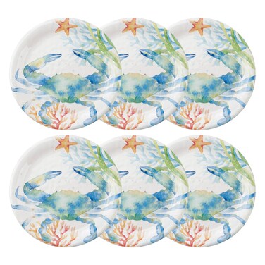 UPware Melamine Salad Plate Set of 6, BPA-Free Dishwasher Safe Round Plates Salad Dishes for Risotto, Pasta, and Salad, 9 Inch Salad Plates (Sea Life Serenade, Crab)