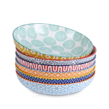 Selamica Porcelain 26 Ounce Pasta Bowls Set of 6, 8 inch Wide and Shallow Salad Bowls, Serving Bowls, Microwave &amp; Dishwasher Safe, Sturdy &amp; Stackable, Variety of Colors