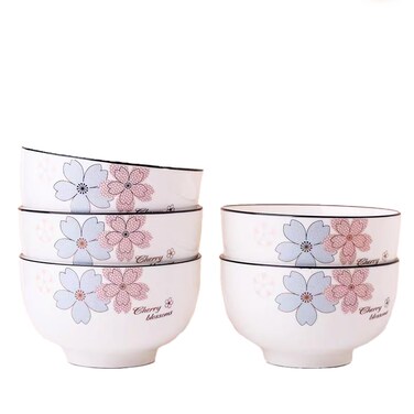 5 Pack Porcelain Bowls With Cherry Blossom Pattern, 4.63" x 2.45" Ceramic Bowls Rice Pasta Soup Ramen Bowls for Kitchen Restaurant Serving Bowls, Oatmeal Salad Bowls, Dishwasher Safe &amp; Microwave Safe