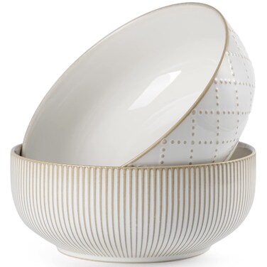 getstar Large Serving Bowls (8 inch &amp; 60 fl oz), Ceramic Salad Bowl Set of 2, Microwave and Dishwasher Safe, Farmhouse Kitchen Decorative Bowls Set (Embossed Stripes &amp; Stars)
