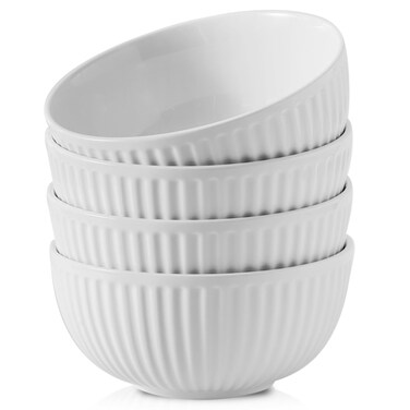 Hasense Large Serving Bowls 7 Inch - 42 Oz White Ceramic Salad Bowl Set of 4 for Kitchen,Modern Ribbed Porcelain Dishes for Entertaining,Soup,Pho,Pasta,Cereal, Noodle - Dishwasher &amp; Microwave Safe
