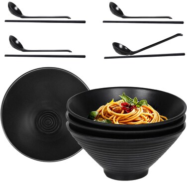 Set of 4 Ramen Bowl Set, 40 oz Melamine Large Japanese Style Noodle Soup Bowls Set with Spoons and Chopsticks for Ramen, Pho, Noodles, Asian Dishes Black,Large Bowl for Adults(NOT CERAMIC)
