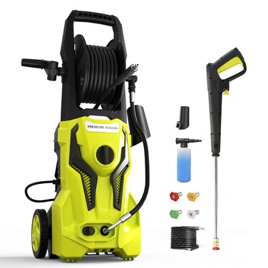Electric Pressure Washer - 4800 PSI 3.2 GPM Power Washer Electric Powered with 25 FT Hose Reel 4 Interchangeable Nozzle &amp; Foam Cannon, for Cars, Patios, Yellow
