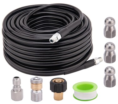 Sewer Jetter Kit for Pressure Washer 100 Ft, 1/4 Inch NPT Drain Cleaning Hose, Orifice 5.5, 4.5, 4.0 Button Rotating and Button Hose Sewer Jetting Nozzle (4000 PSI)