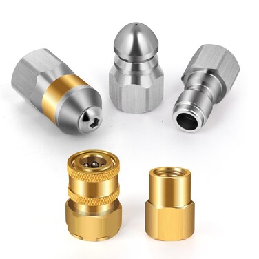 5Pcs Sewer Cleaning Tools for Pressure Washer, Sewer Jetter Nozzle, Stainless Steel 1/4 Inch Drain Jetter Nozzle for Pressure Washer Hose, Brass Quick Plug &amp; Fitting Connector for Sewer Cleaning