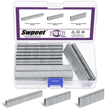 Swpeet 2817 Counts 3 Sizes K413 K419 K425 18 Gauge 1/4" Silver Narrow Crown Staples, Galvanized Finish Staples Approx 1/4"&Atilde;&mdash;1/2"/3/4"/1", Suitable for Pneumatic, Electric Stapler