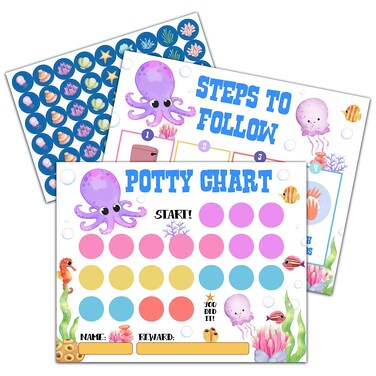 Under The Sea Animals Potty Training Sticker Chart, 10 Potty Charts with 216 Round Stickers &amp; 1 Instruction Sheet, Potty Reward Sticker Chart for Toddlers Boys Girls - A17