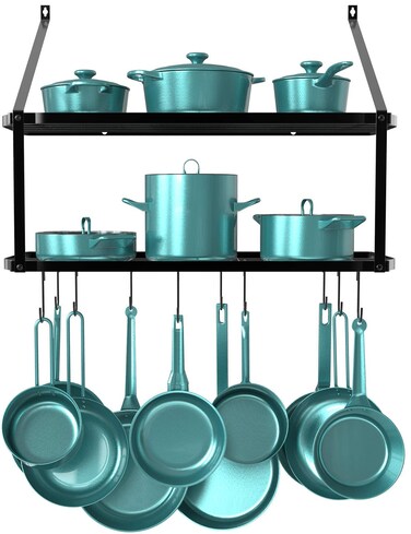GeekDigg 29.5 Inch Kitchen Wall Mounted Pot Pan Rack, Wall Shelf with 10 Hooks Included, Kitchen Pot Racks Hanging Storage Organizer (Matt Black)