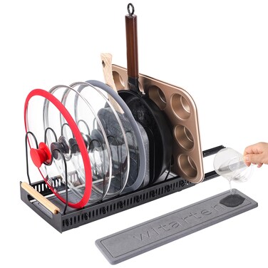 Pots and Pans Organizer for under Cabinet with Stone Dish Mat&iuml;&frac14;&OElig;Pull out Pan Organizers inside Cabinet for Kitchen Cabinet Organizers and Storage &iuml;&frac14;&OElig;Adjustable Pot and Pans Holder Rack