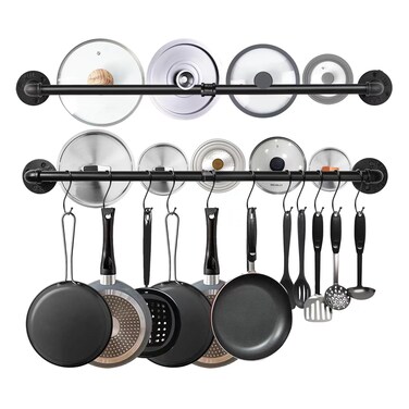 Bailoo 2 Pack Pipe Pot Pan Rack 39 Inches, Industrial Wall mount Pot hangers Pan Hanging Rail Lid Hanger for kitchen with 16 S Hooks