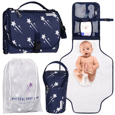 Naste&Igrave;ri Baby Gear Extra Large Portable Baby Changing Pad with Memory Foam Pillow &amp; Insulated Bottle Bag &acirc;&euro;&ldquo; Waterproof Portable Baby Changing Station for Girls &amp; Boys - Navy