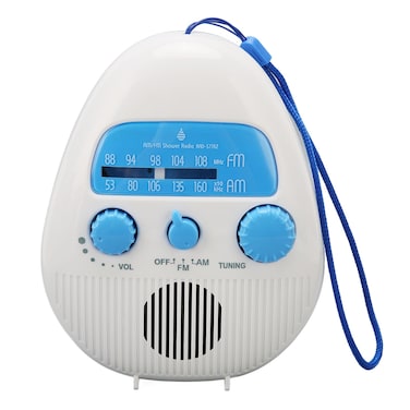 AM FM Shower Radio Built in Speaker, Waterproof Hanging Bathroom Radio with Rotating Knob for Easy Tuning and Volume Control.