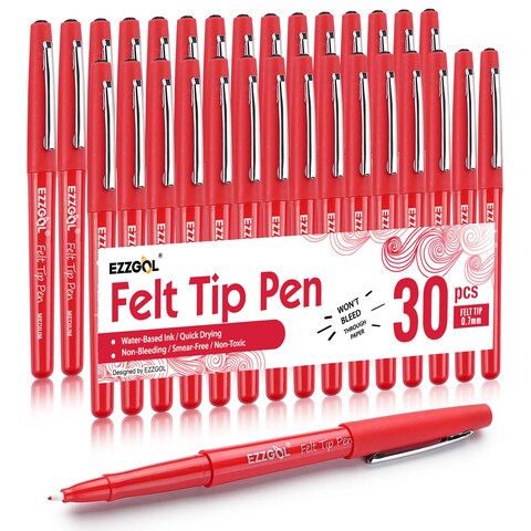 Ezzgol Red Felt Tip Pens, 30 Pack, 0.7mm Premium Medium Fine Point, Felt Tip Markers For Writing, Journal, Planner Coloring, Note Taking, Drawing, Art, School