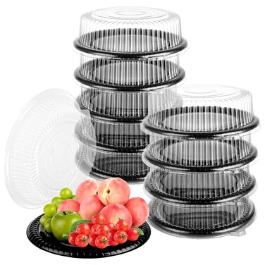 LOYORTY 10PCS 12 Inch Heavy Duty Serving Tray with Lids, Plastic Round Catering Trays with Lids, Black Party Platters with Clear Lids for Party, Takeout Food, Catering